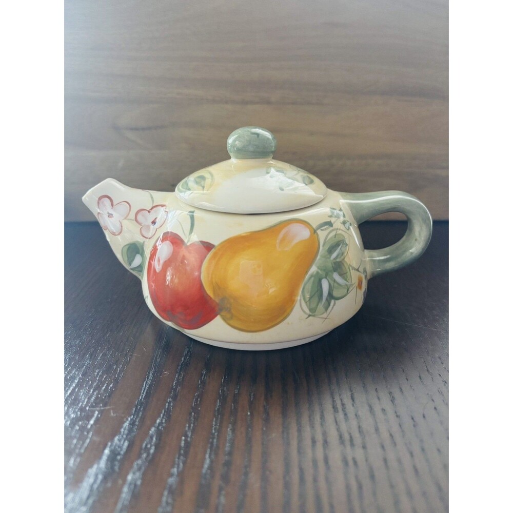 Vintage Small Hand Painted Ceramic Orchard Fruit Teapot Apple Pear Floral 2 Cup